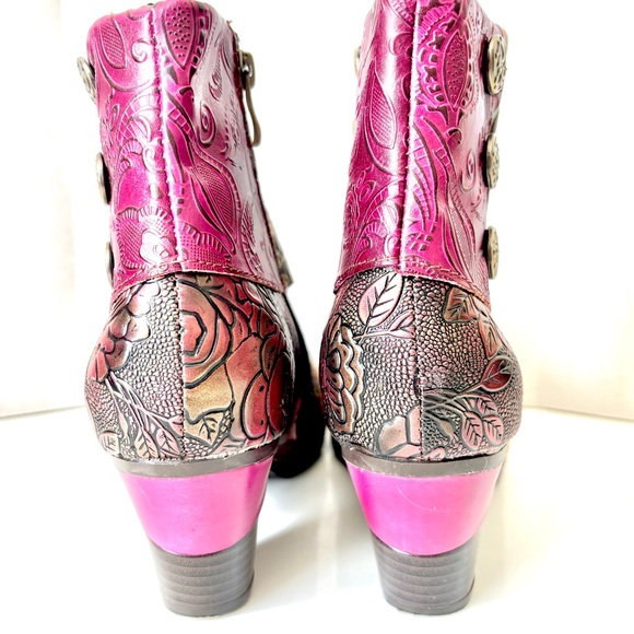 Gorgeous Handmade Multicolor Tooled Leather Floral Med Heel Ankle Boots 38 - Picture 14 of 14